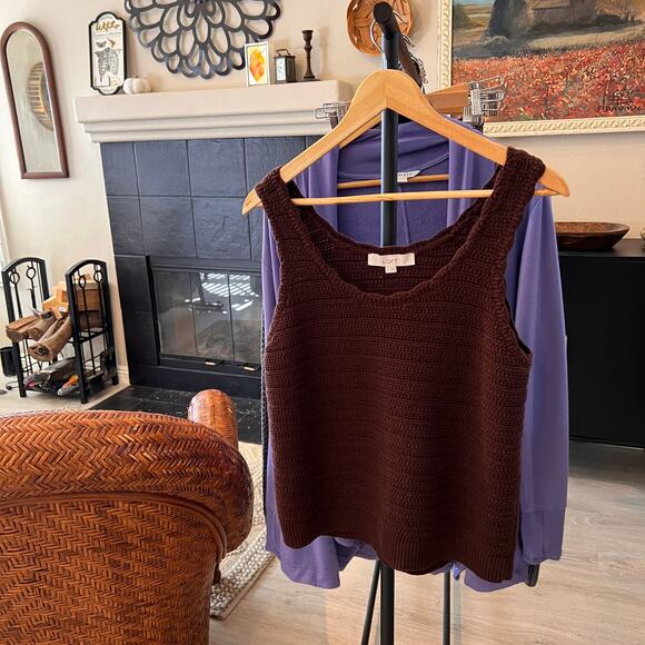 Loft Sweater Womens Size Large Chocolate Brown Sleeveless Knit Fall Wear - Picture 13 of 13